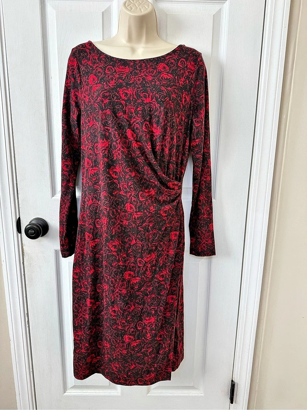 Talbots Red and Black Rose Floral Faux Wrap Midi Dress Medium